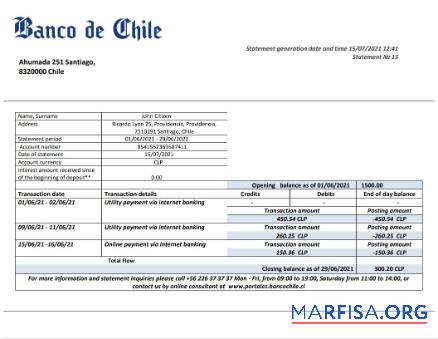 Realistic Chile Banco de Chile bank statement word real example